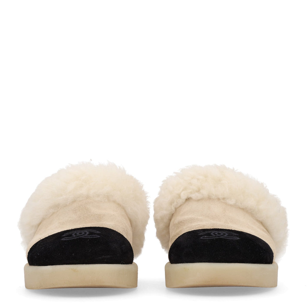 Suede Shearling CC Cap Toe Mules 37 Beige Black