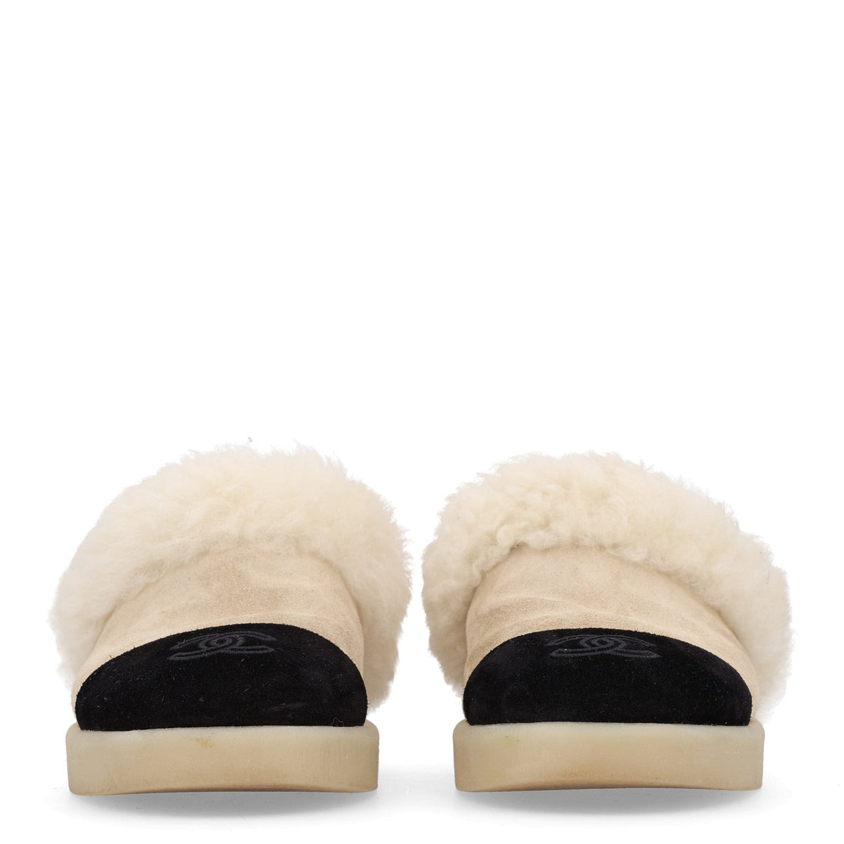 Suede Shearling CC Cap Toe Mules 37 Beige Black