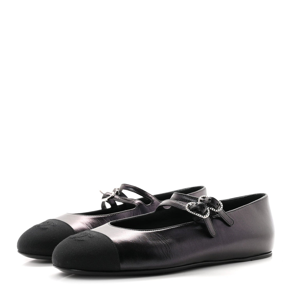 Lambskin Grosgrain Pearl Mary Jane Flats 38 Black