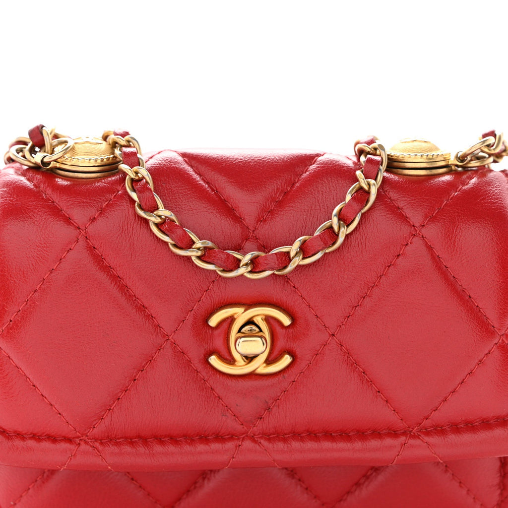 Shiny Lambskin Quilted Extra Mini Flap Red
