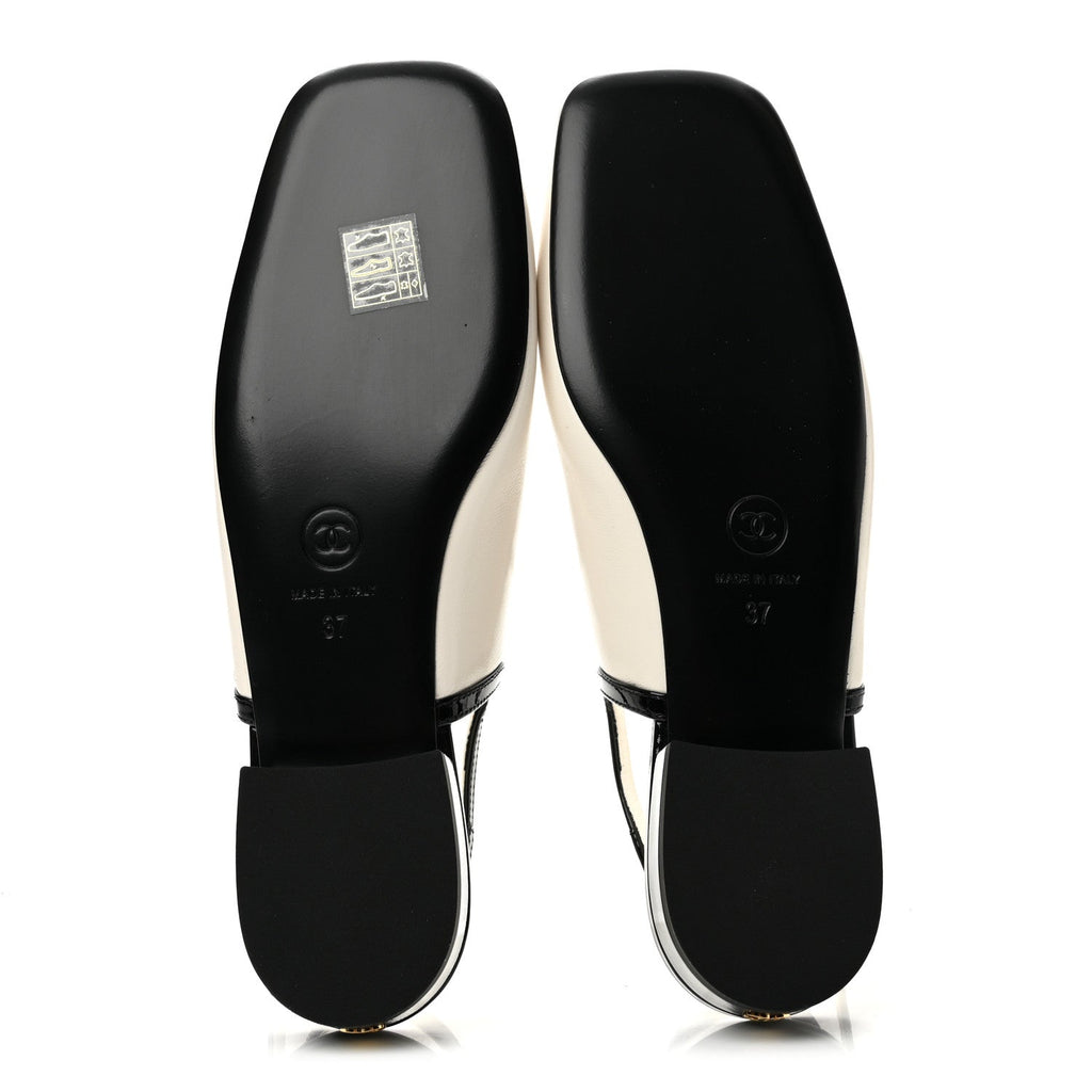 Lambskin Patent Calfskin CC Slingback Sandals 37 White Black