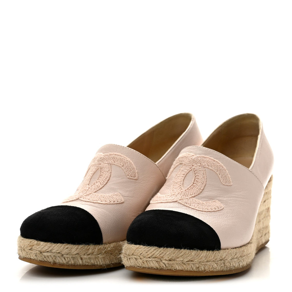 Lambskin Suede CC Espadrille Wedges 38 Beige Black