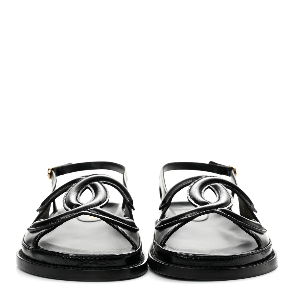 Shiny Crumpled Lambskin CC Cut Out Sandals 37.5 Black