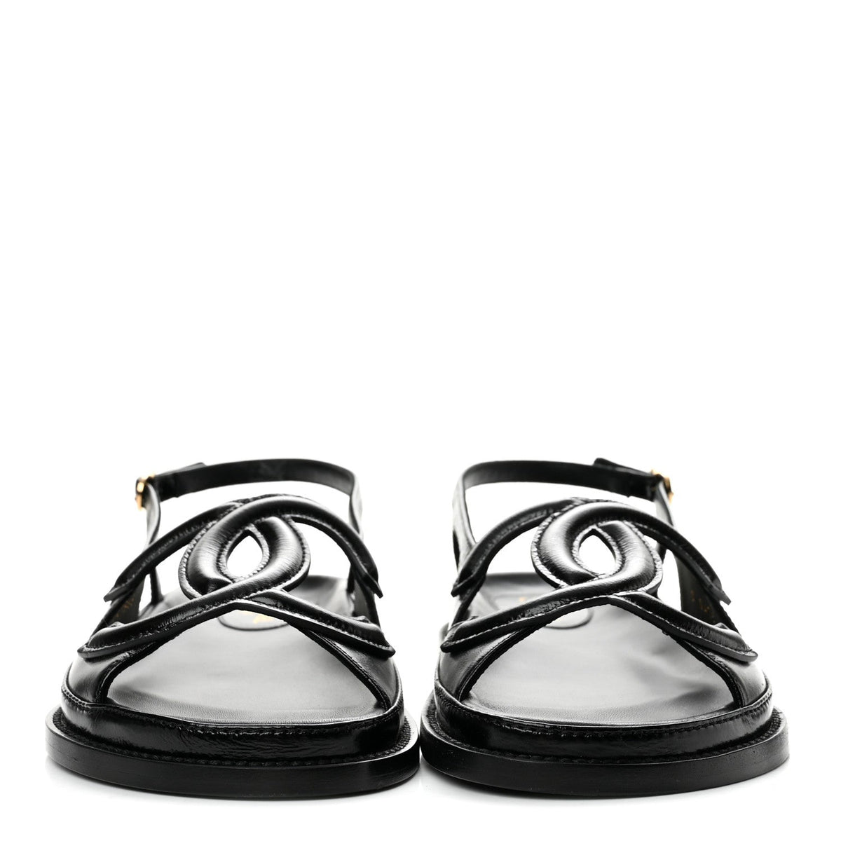 Shiny Crumpled Lambskin CC Cut Out Sandals 37.5 Black