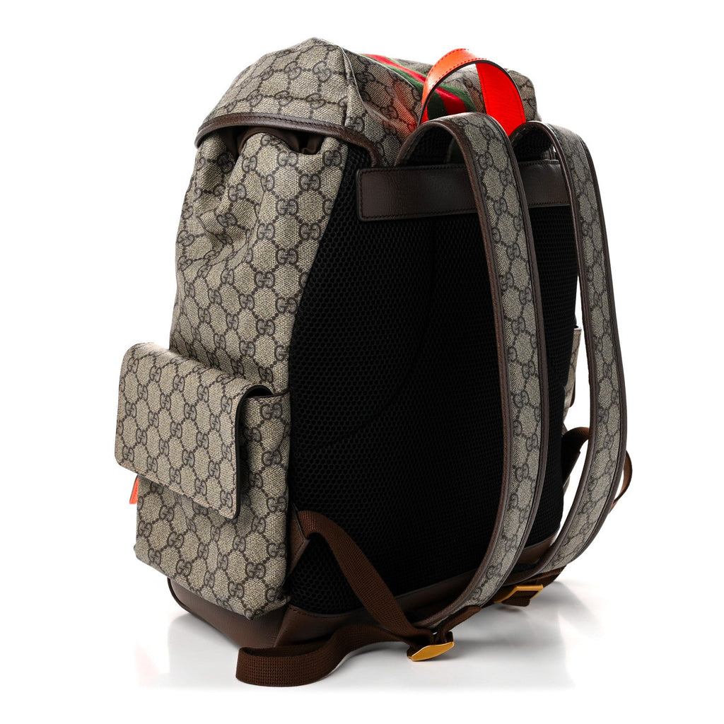 GG Supreme Monogram Medium Ophidia Double Buckle Backpack Beige Ebony Neon Orange
