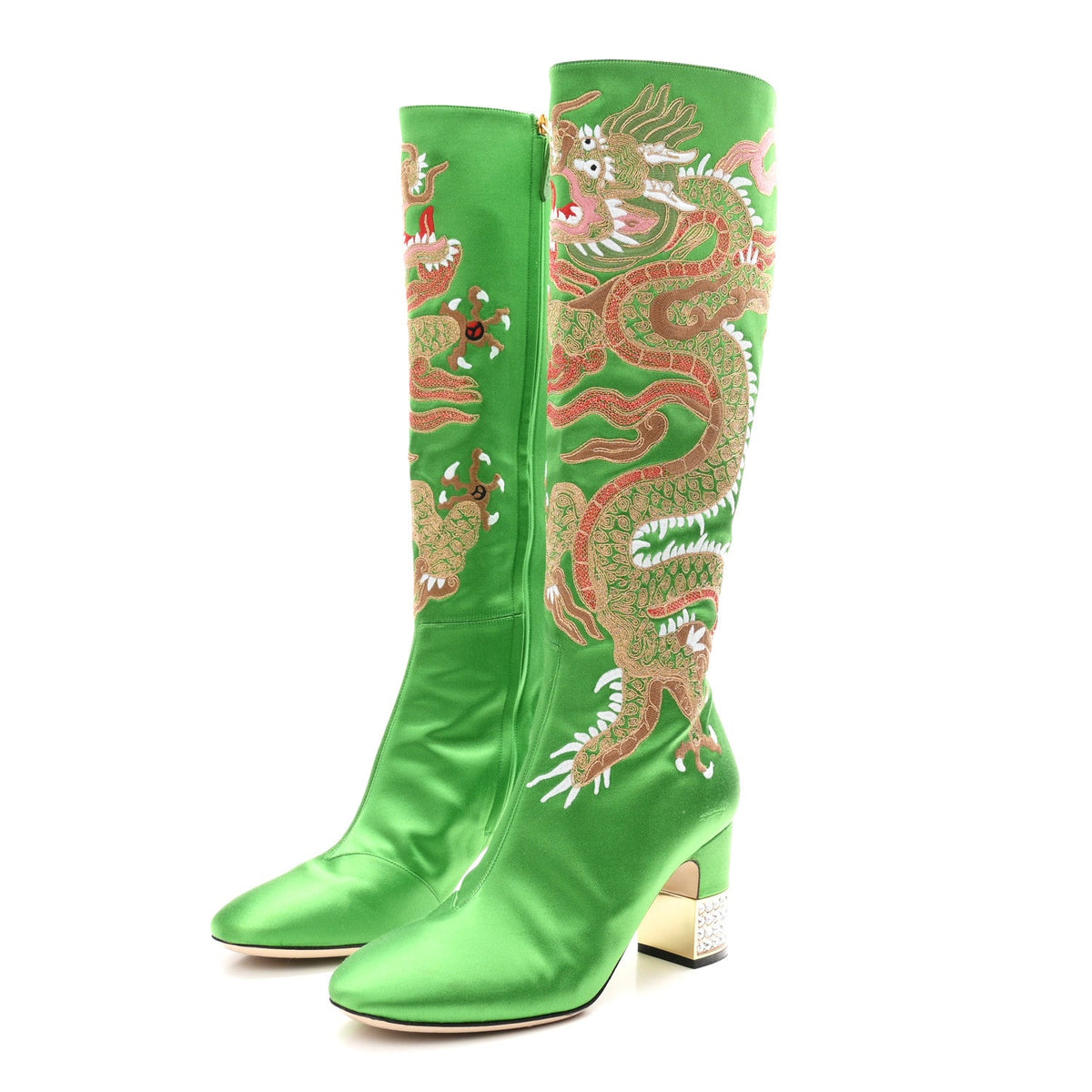 Silk Satin Malaga Kid Embroidered Candy Dragon Block-Heel Knee Boot 39 Palm