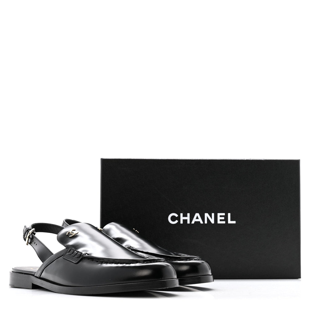 Shiny Calfskin Slingback Loafers 39 Black