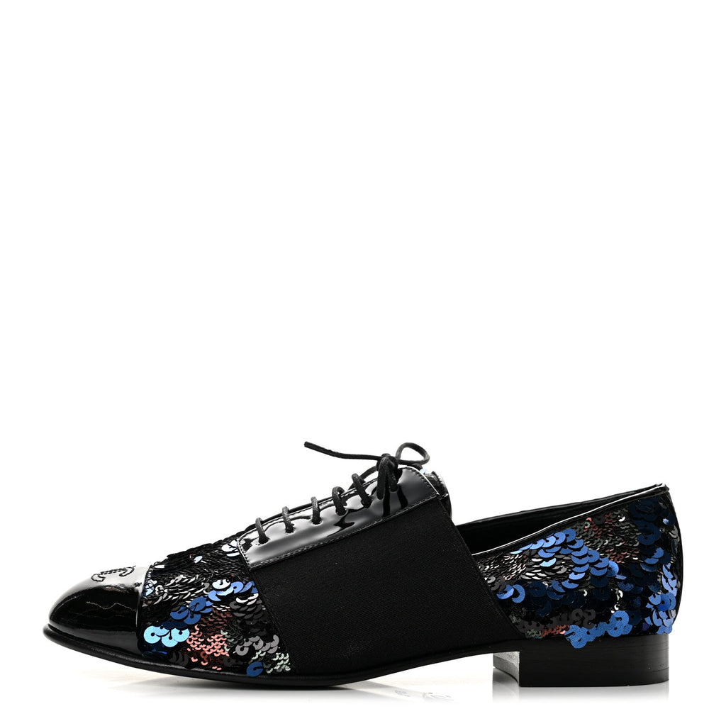 Patent Calfskin Sequin CC Cap Toe Womens Lace Up Oxfords 37.5 Blue Black