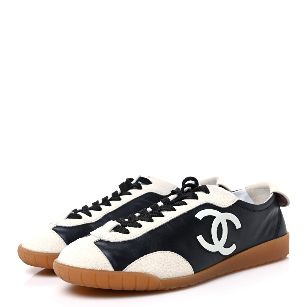 Calfskin Embossed Suede Womens CC Sneakers 38.5 Black White