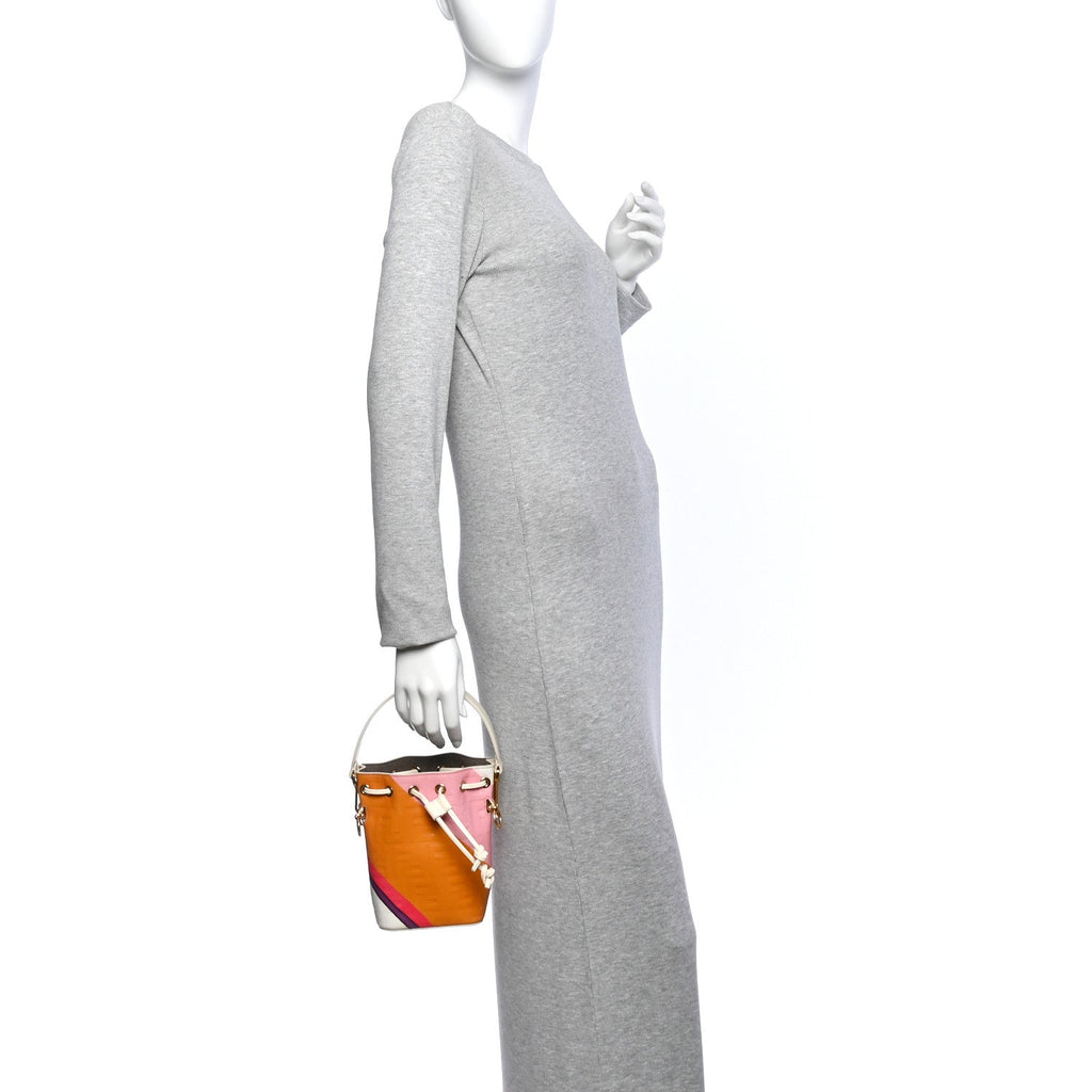Vitello King F is Fendi FF Embossed Striped Mini Mon Tresor Bucket Bag Light Rose Multicolor White Ice