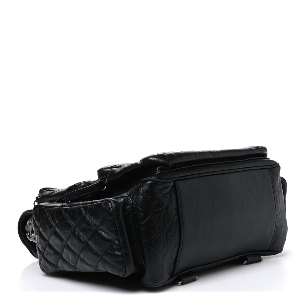 Grained Calfskin Quilted Large Casual Rock Backpack Black