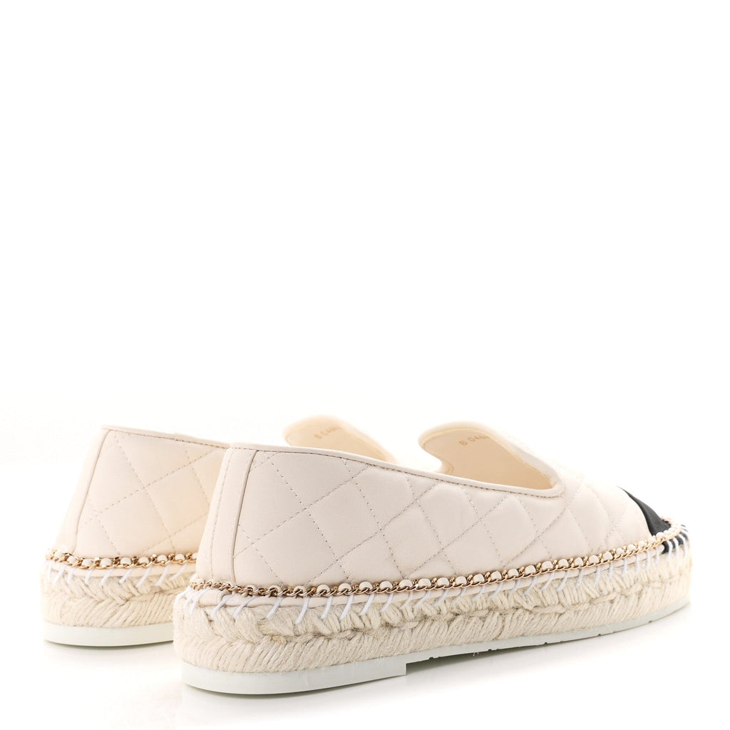 Shiny Lambskin Quilted Grosgrain Cap Toe CC Chain Espadrilles 37 White Black