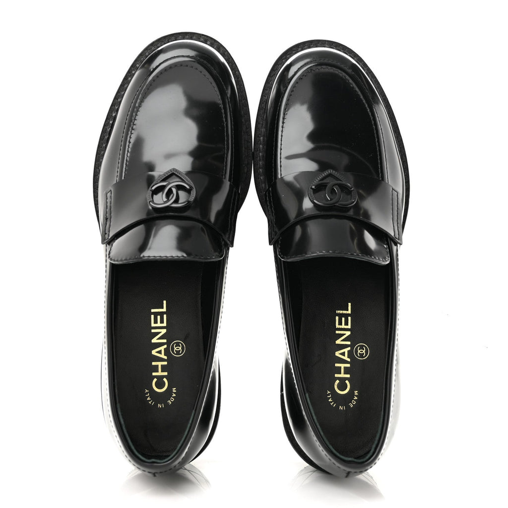 Shiny Calfskin Quilted CC Mocassin Loafers 39 Black
