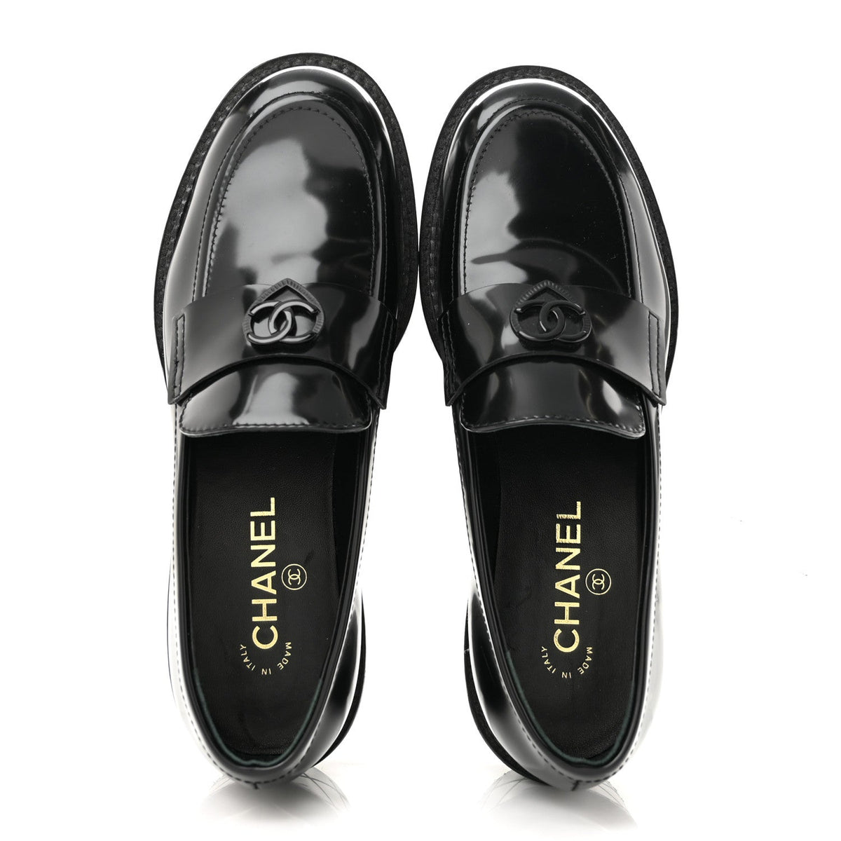 Shiny Calfskin Quilted CC Mocassin Loafers 39 Black