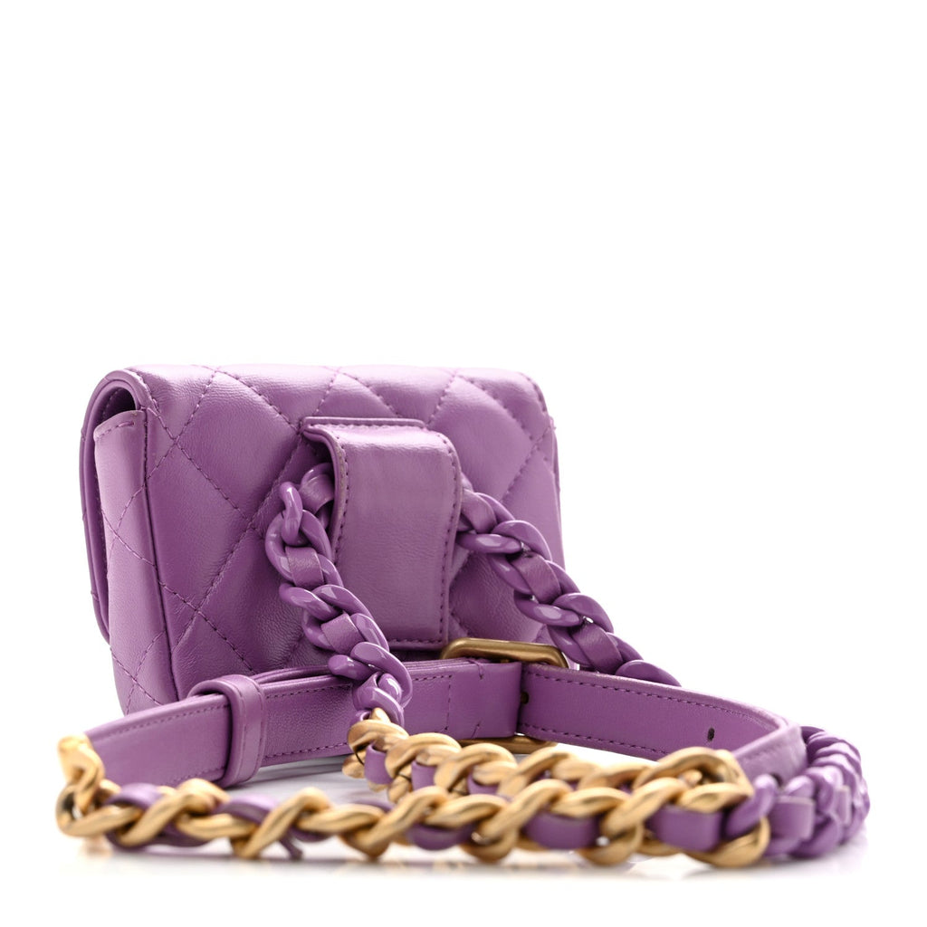 Lambskin Lacquered Metal Quilted Flap Chain Belt Bag Purple