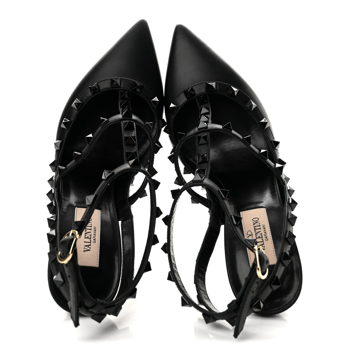Calfskin Lacquered Monochrome Rockstud Ankle Strap 100mm Pumps 38.5 Black