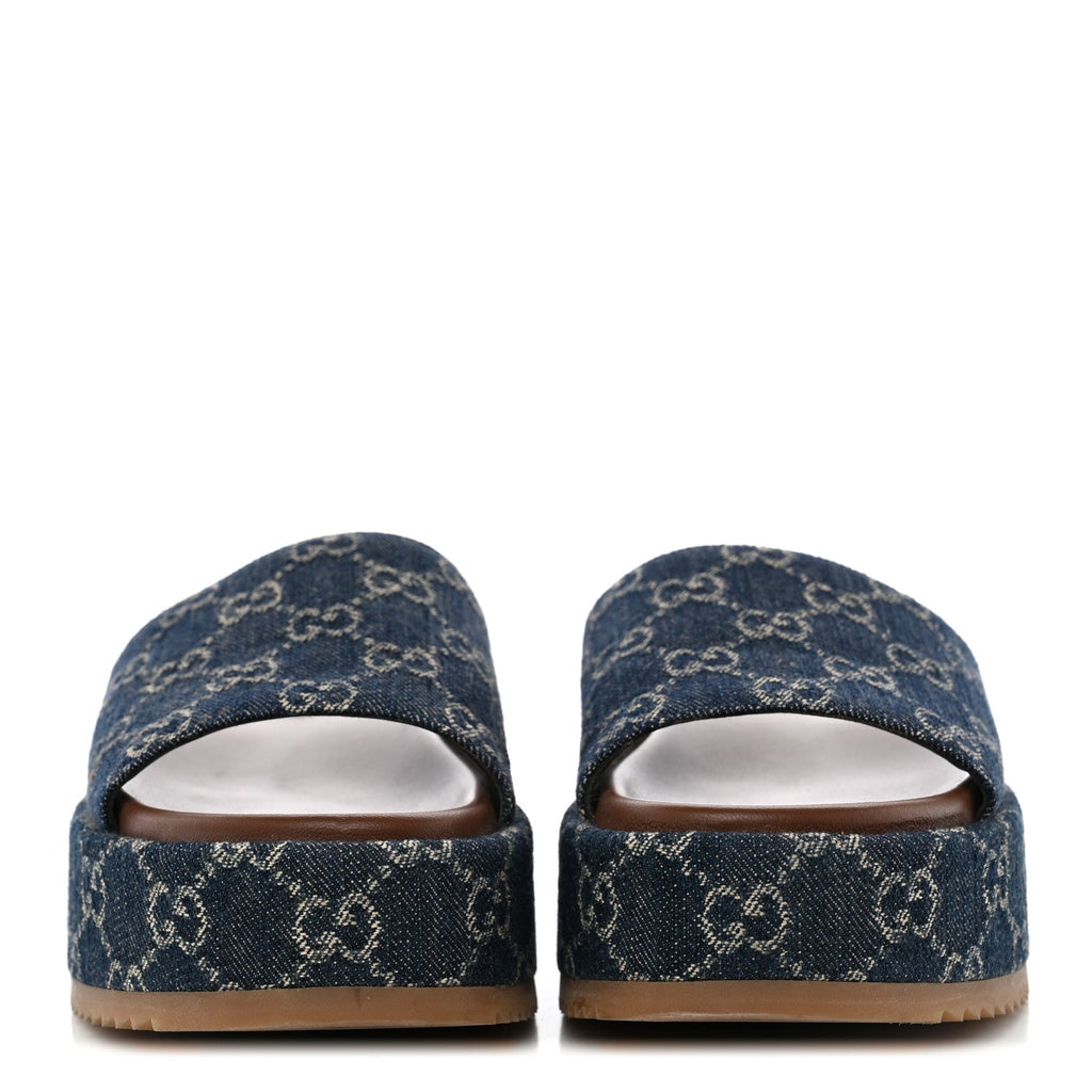New Denim GG Monogram Angelina Platform 55mm Slide Sandals 36.5 Blue Tea