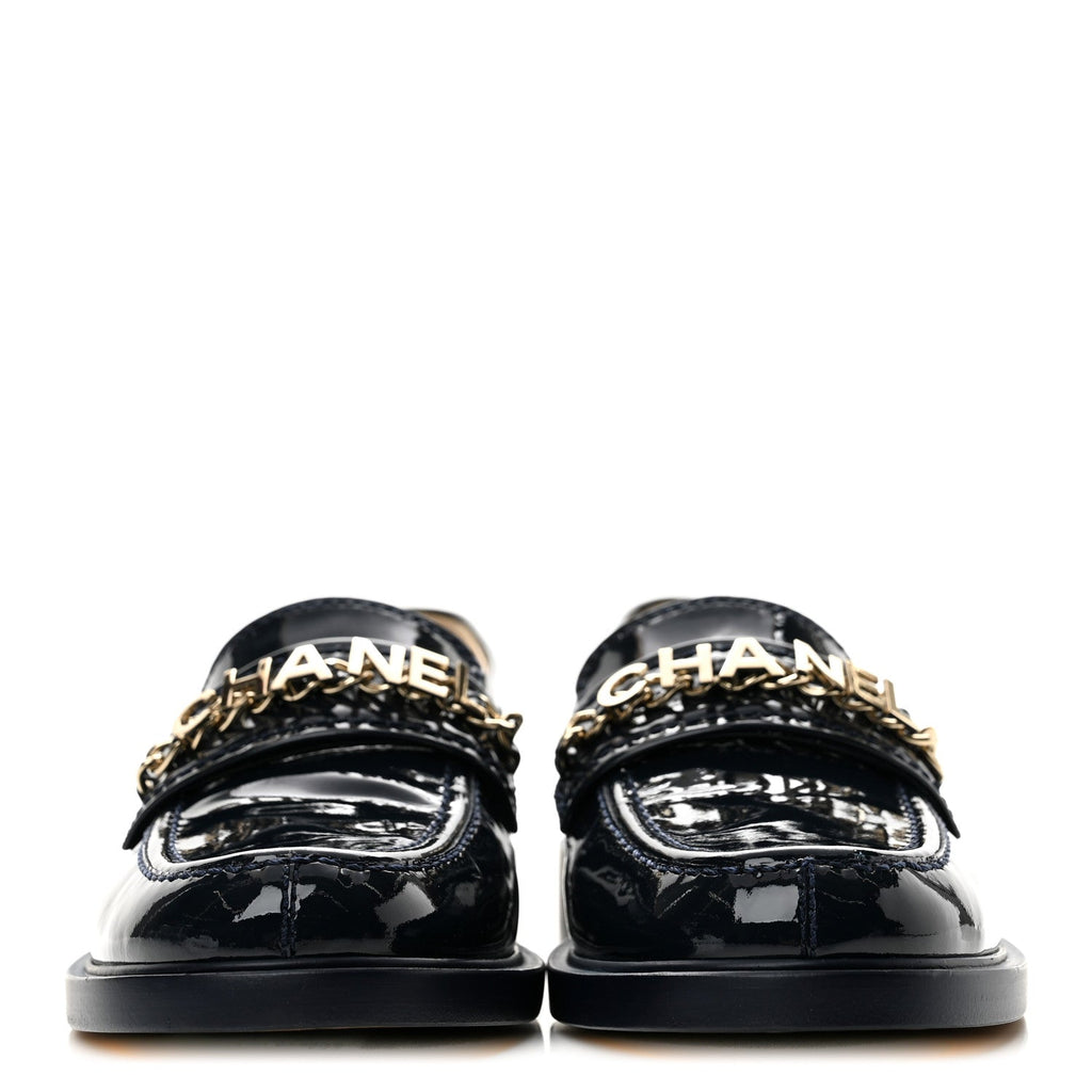 Shiny Calfskin Logo Loafers 36.5 Navy Blue