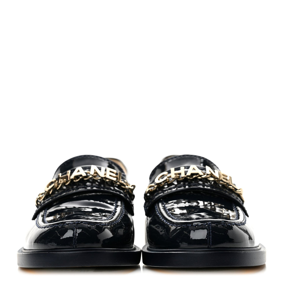 Shiny Calfskin Logo Loafers 36.5 Navy Blue