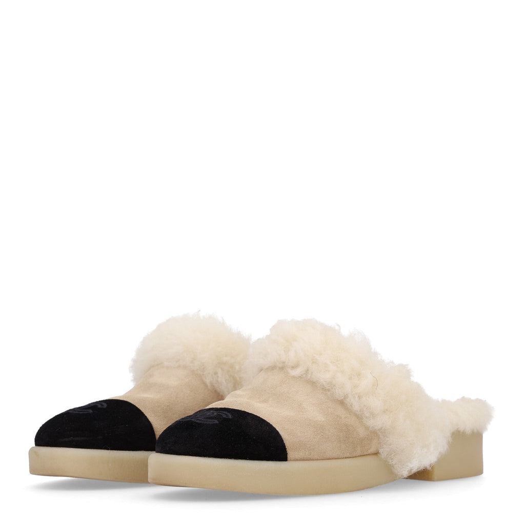 Suede Shearling CC Cap Toe Mules 37 Beige Black