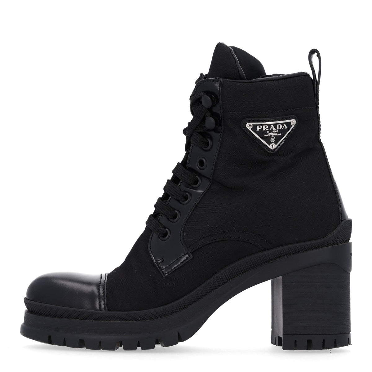 Spazzolato Re-Nylon Metal Triangle Logo Lace Up 55mm Ankle Boots 36 Black