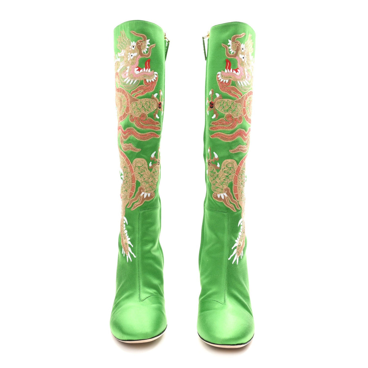 Silk Satin Malaga Kid Embroidered Candy Dragon Block-Heel Knee Boot 39 Palm