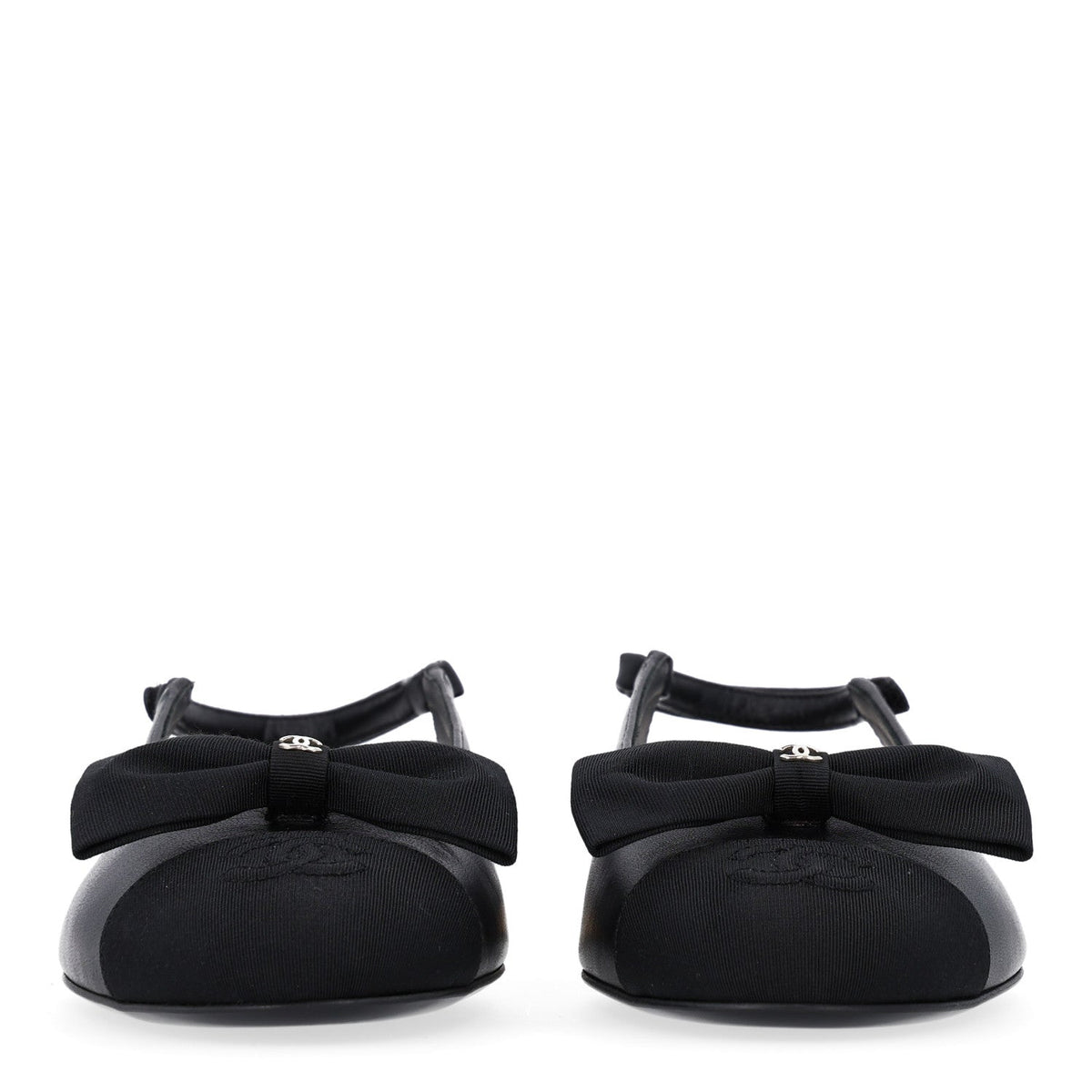 Lambskin Grosgrain Bow Cap Toe CC Slingback Flats 37.5 Black