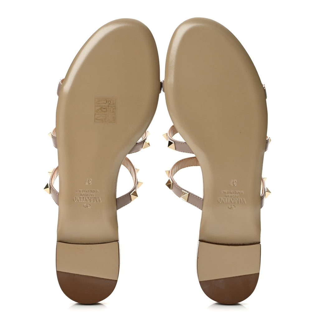 Calfskin Rockstud Caged Flat Slide Sandals 37 Poudre