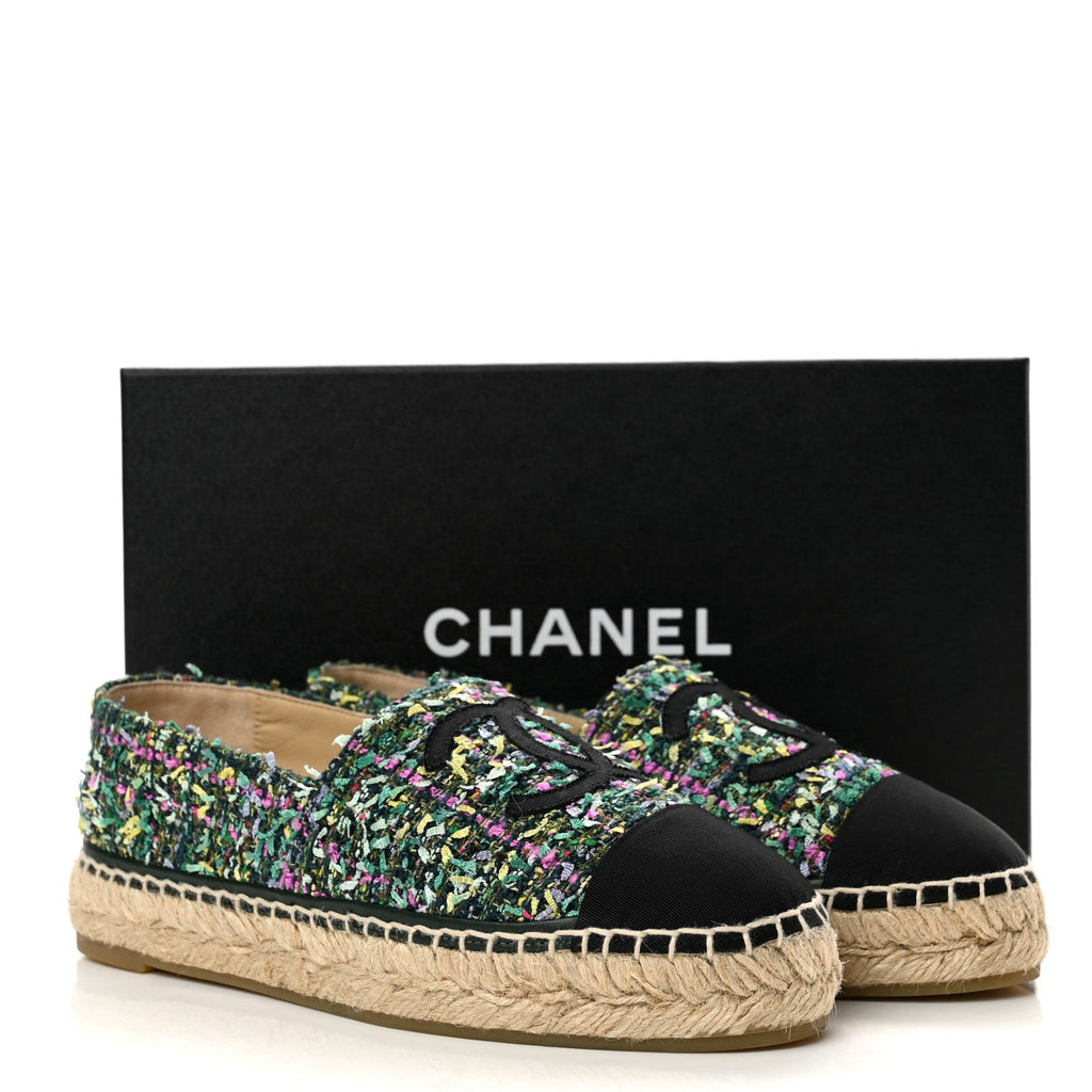 Tweed Grosgrain CC Espadrilles 37 Green Pink Yellow Black