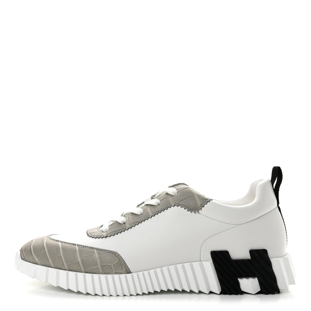 Goatskin Matte Alligator Mens Bouncing Sneaker 44 White Gris Perle