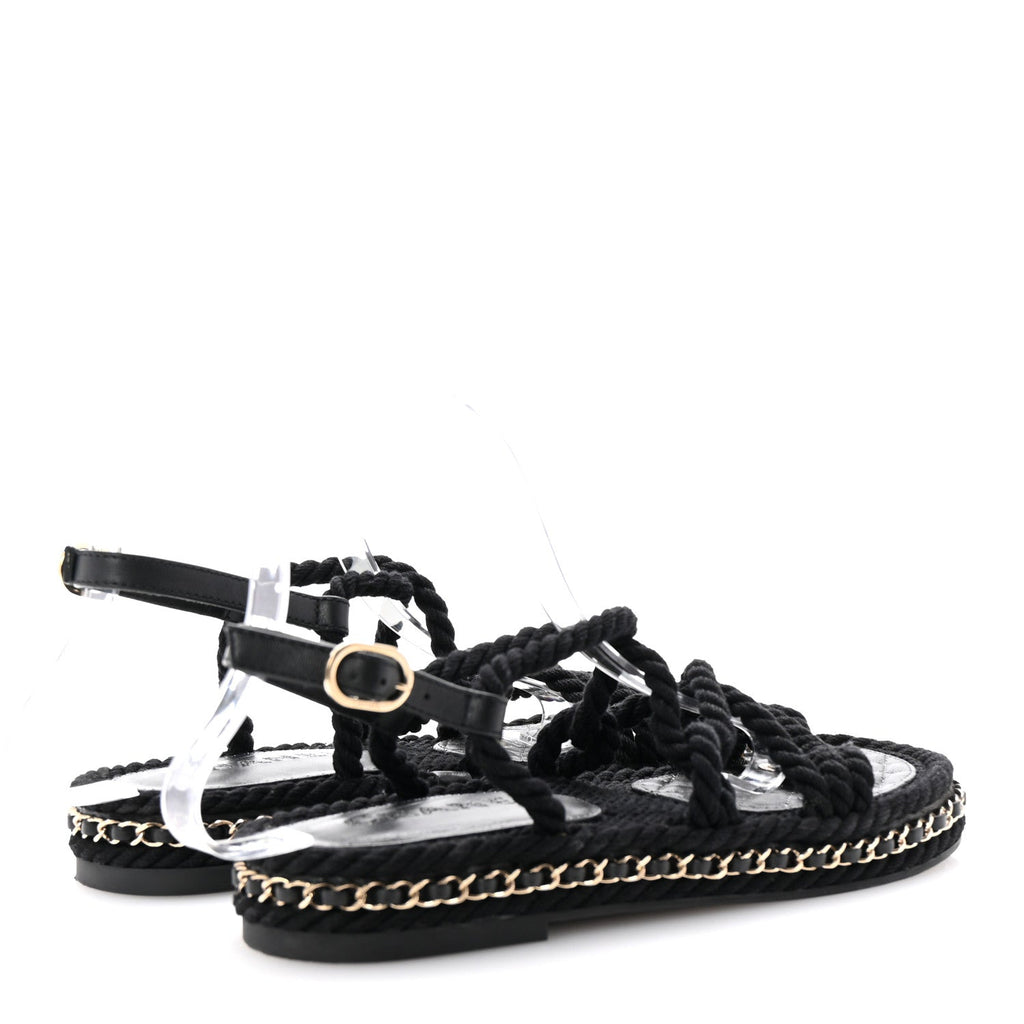 Lambskin Cord Chain CC Sandals 37 Black