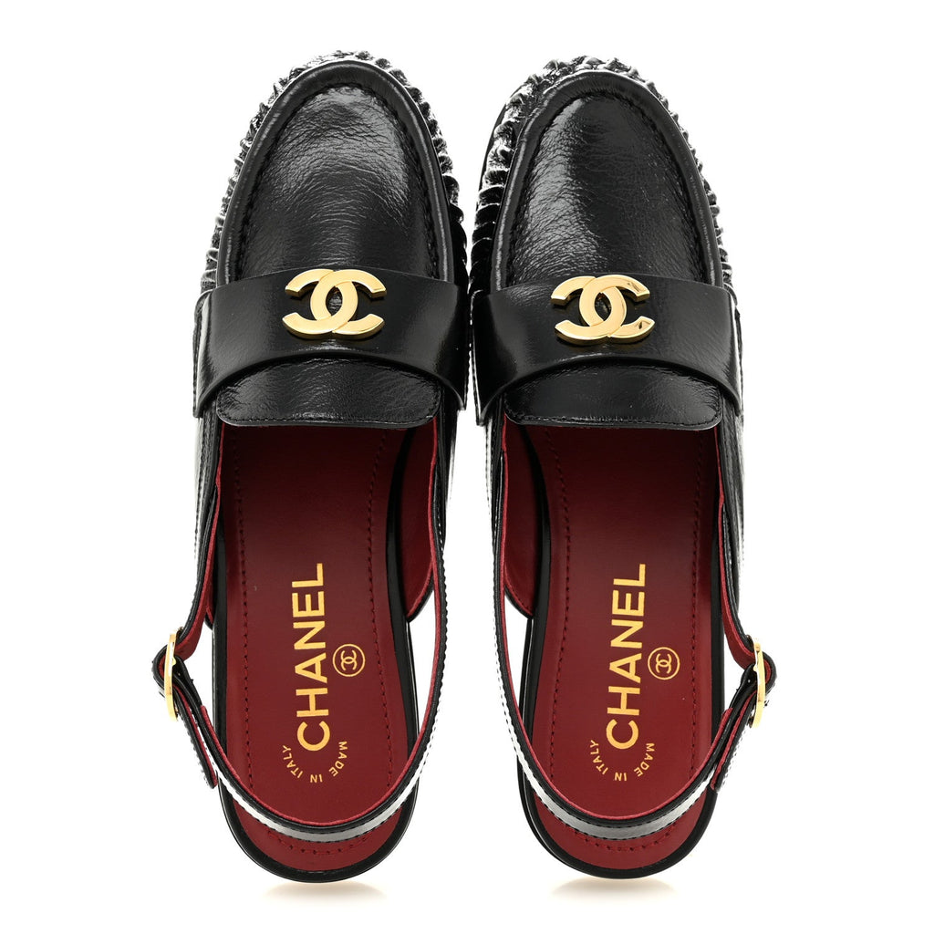 Crumpled Shiny Lambskin CC Slingback Mocassins 38 Black