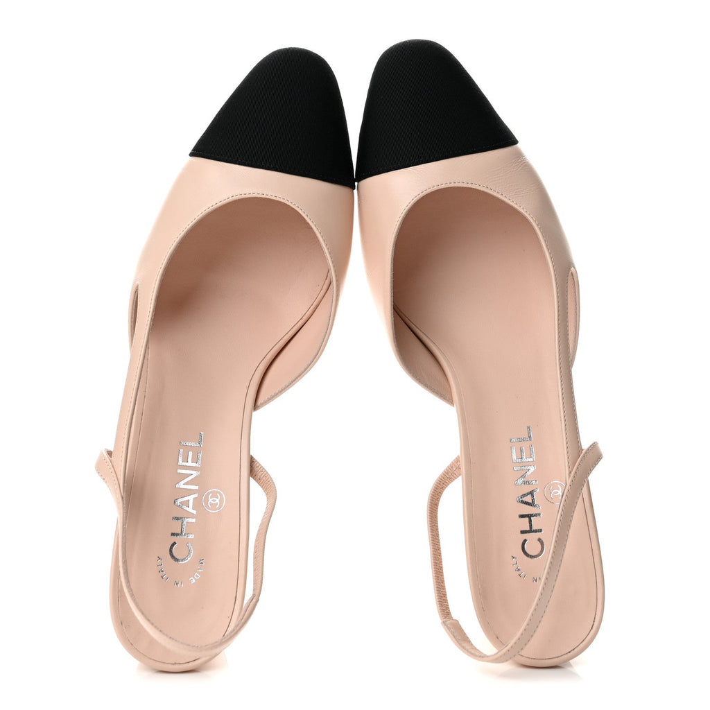 Calfskin Grosgrain Cap Toe CC Slingback Pumps 40.5 Light Pink Black