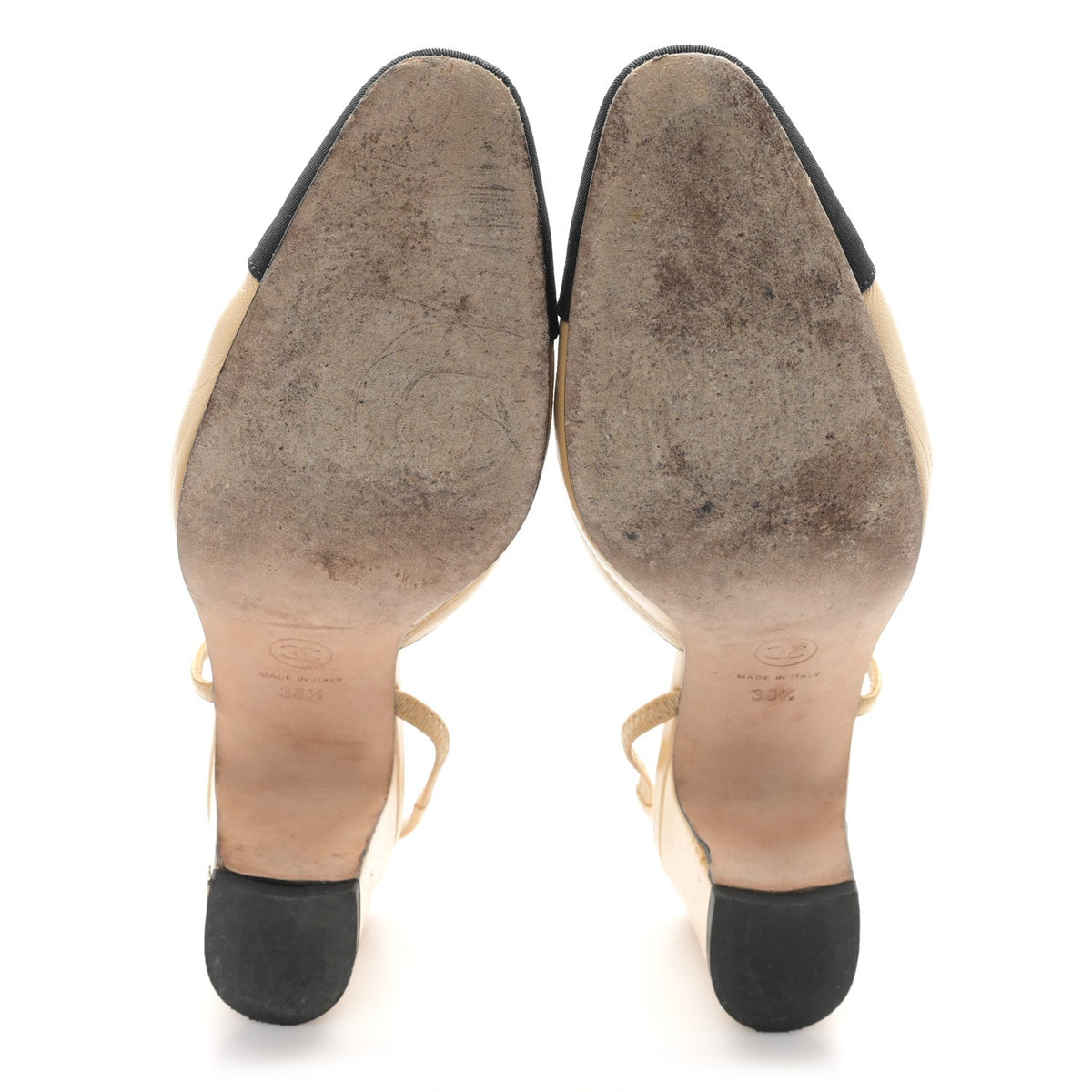 Goatskin Grosgrain Cap Toe CC Slingback Pumps 38.5 Beige Black