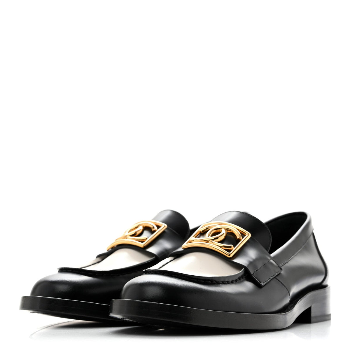 Shiny Calfskin CC Loafers Black White 37 Black White
