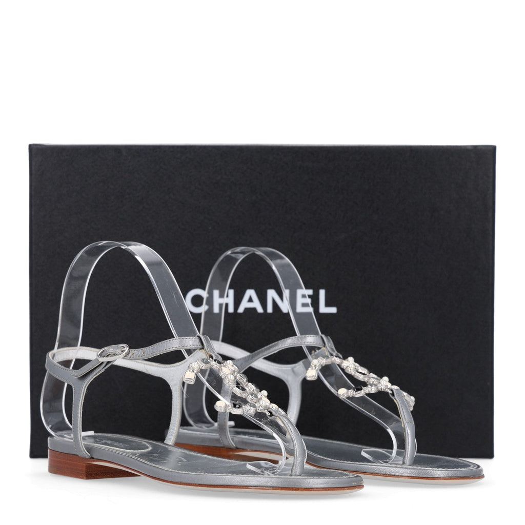 Metallized Lambskin CC Crystal Thong Sandals 37 Silver