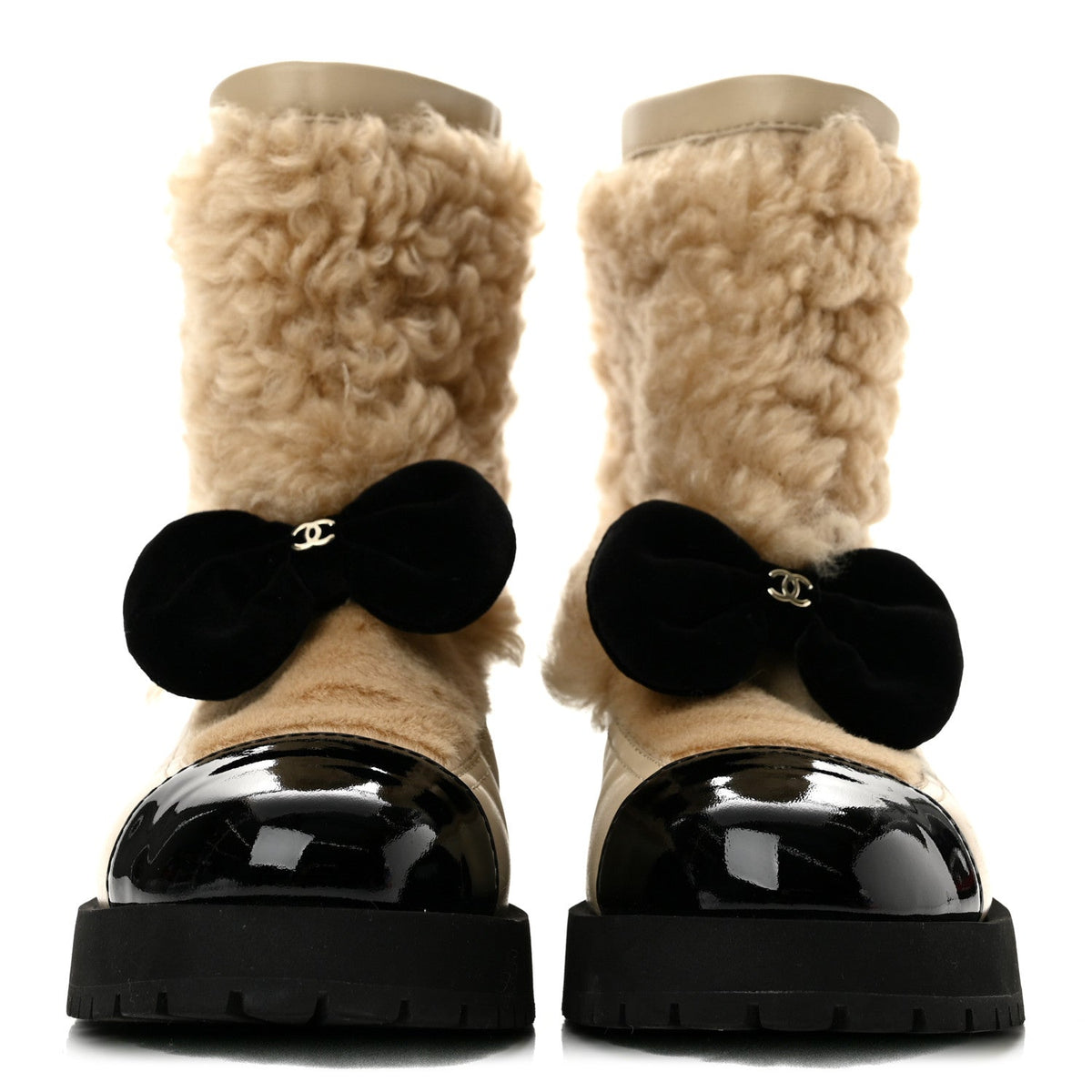Shearling Lambskin Calfskin Patent Bow Short Boots 36.5 Beige Black