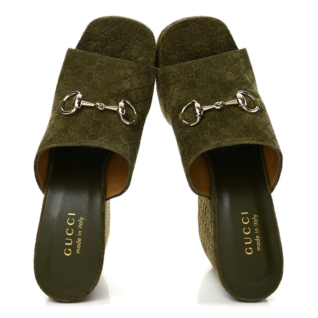Suede GG Debossed Horsebit Wedge Sandals 39.5 Forest Green