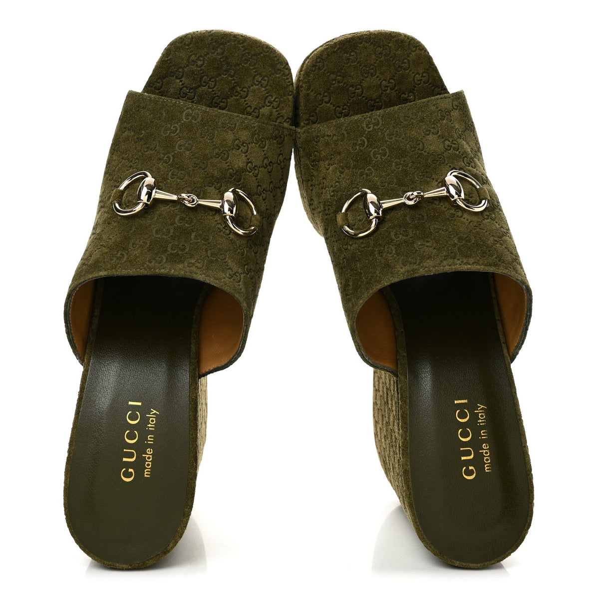 Suede GG Debossed Horsebit Wedge Sandals 39.5 Forest Green