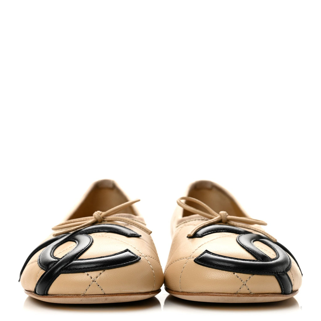 Lambskin Quilted CC Cambon Ballet Flats 36 Beige Black