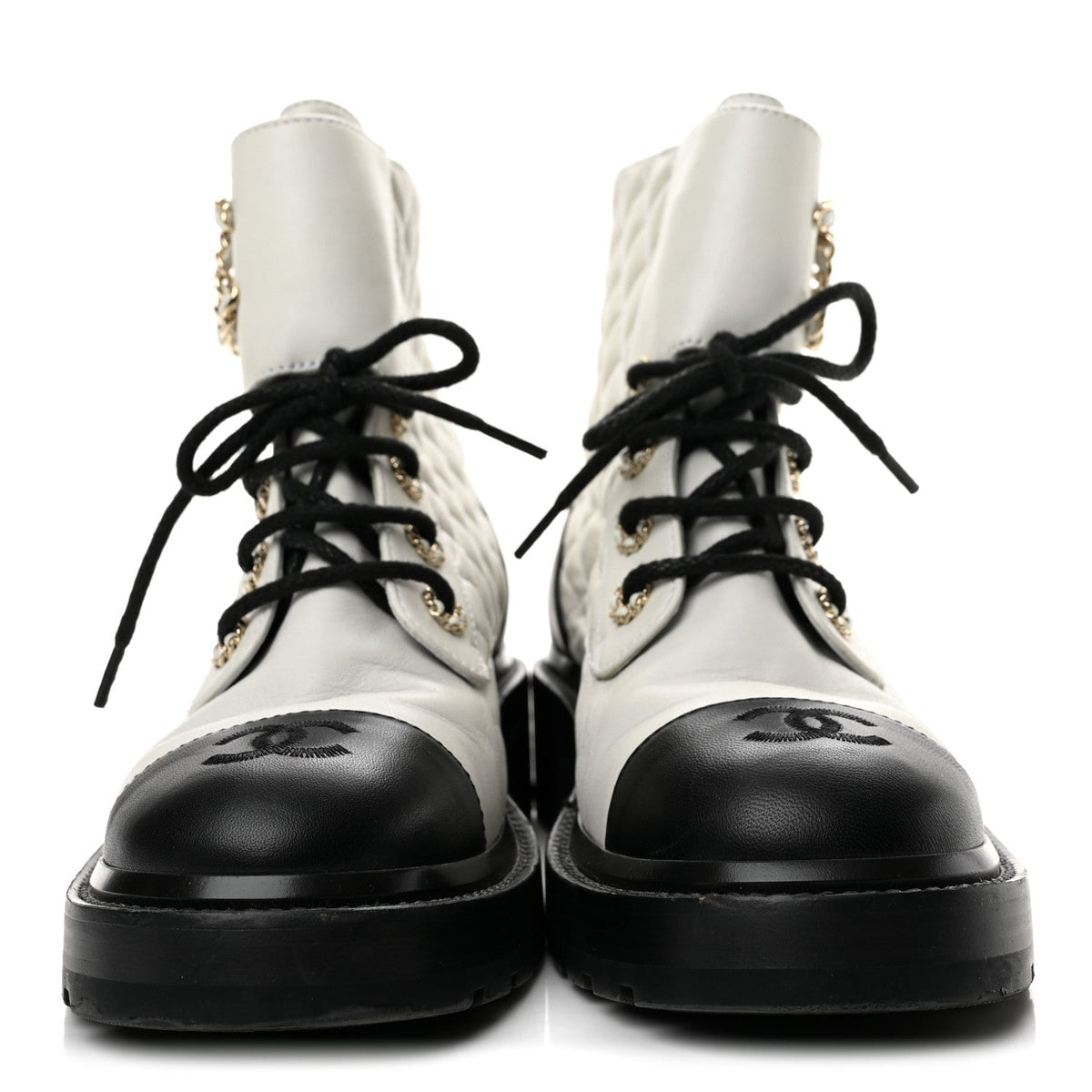 Shiny Lambskin Quilted Lace Up Combat Boots 38 White Black