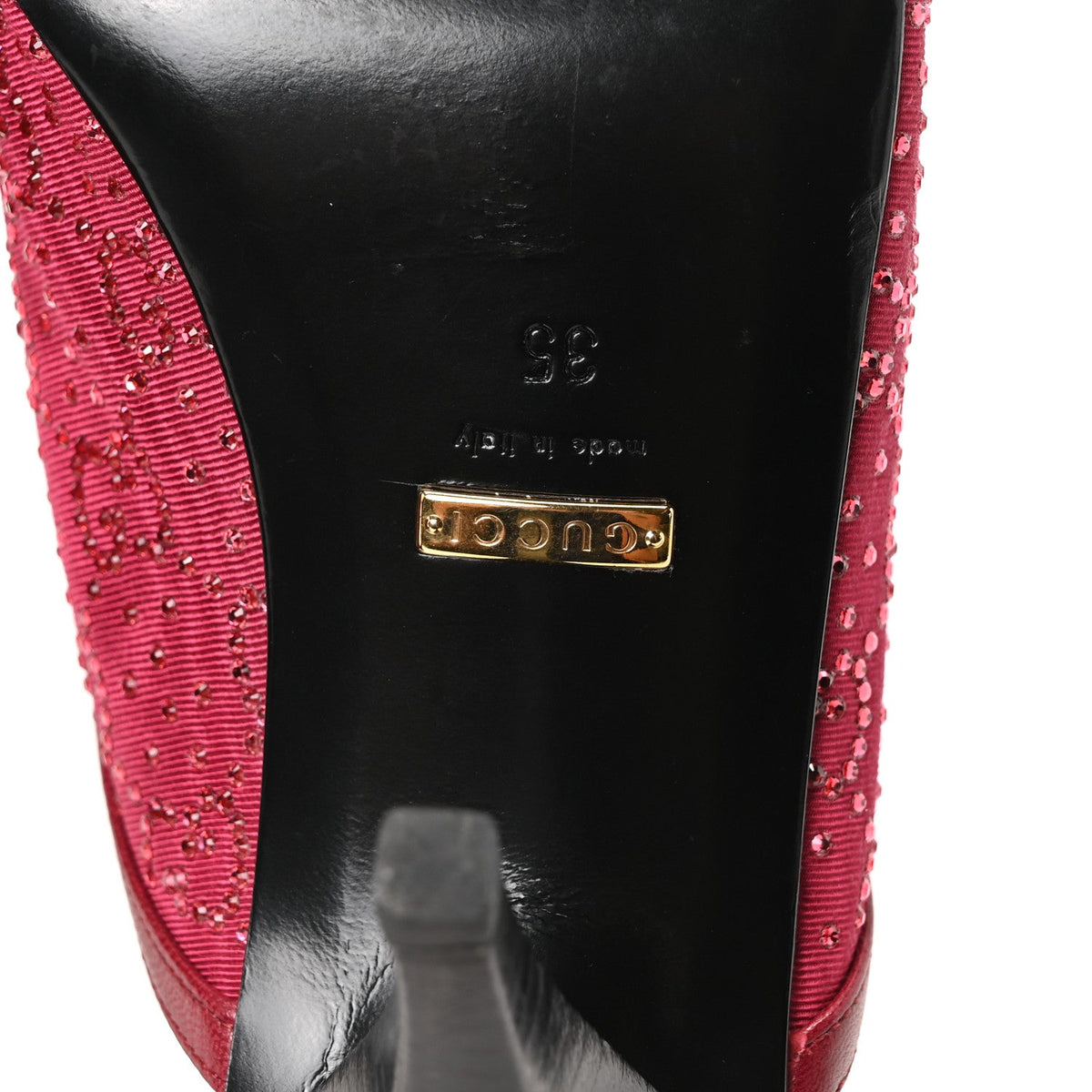 Moire Fabric Malaga Kid Crystal GG Monogram Square G 95mm Slide Sandals 35 Dark Cherry Red