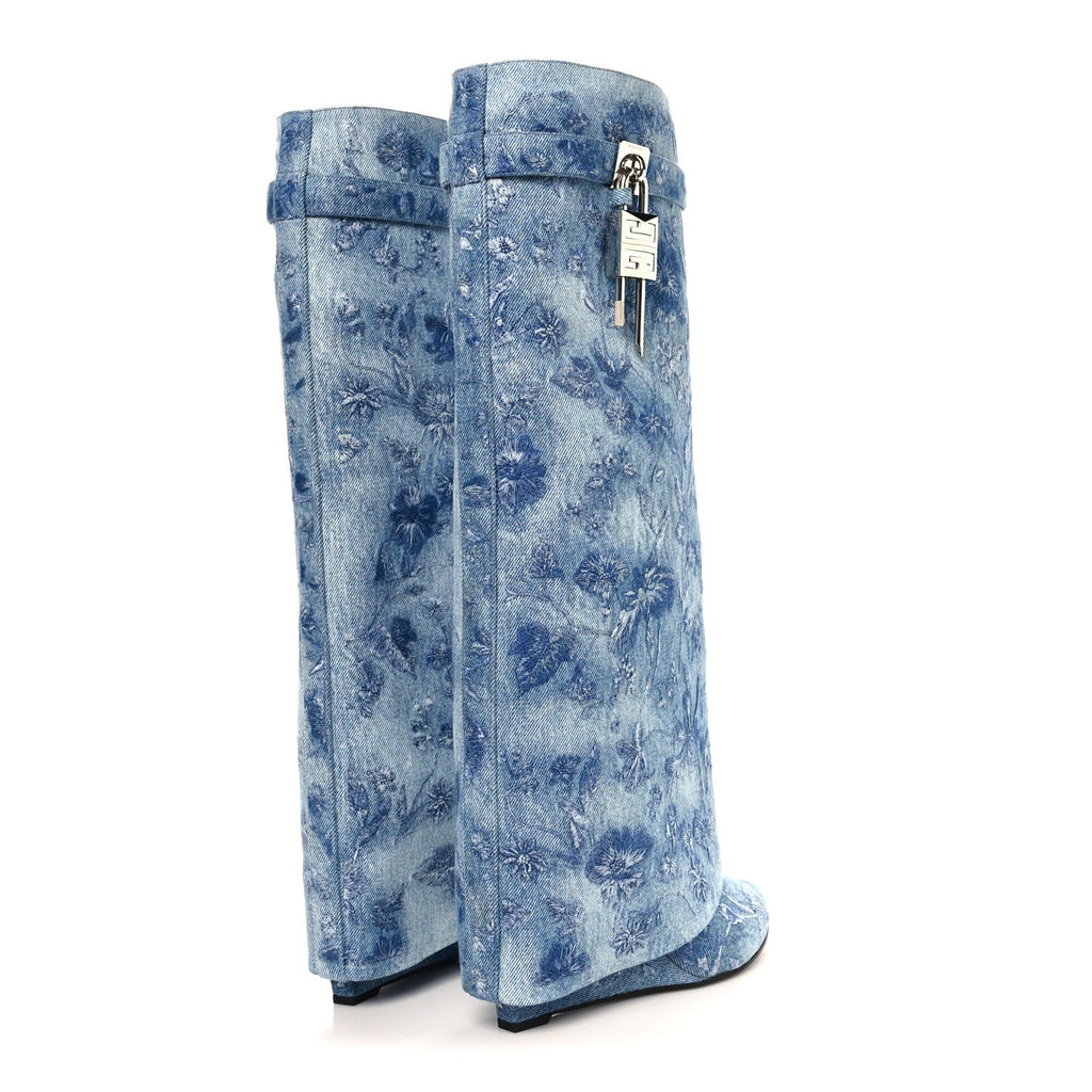Washed Denim Floral Embroidered Shark Lock Pant Boots 40 Medium Blue
