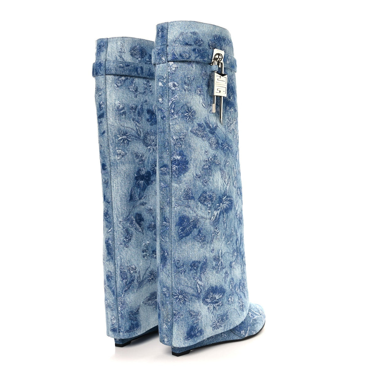 Washed Denim Floral Embroidered Shark Lock Pant Boots 40 Medium Blue