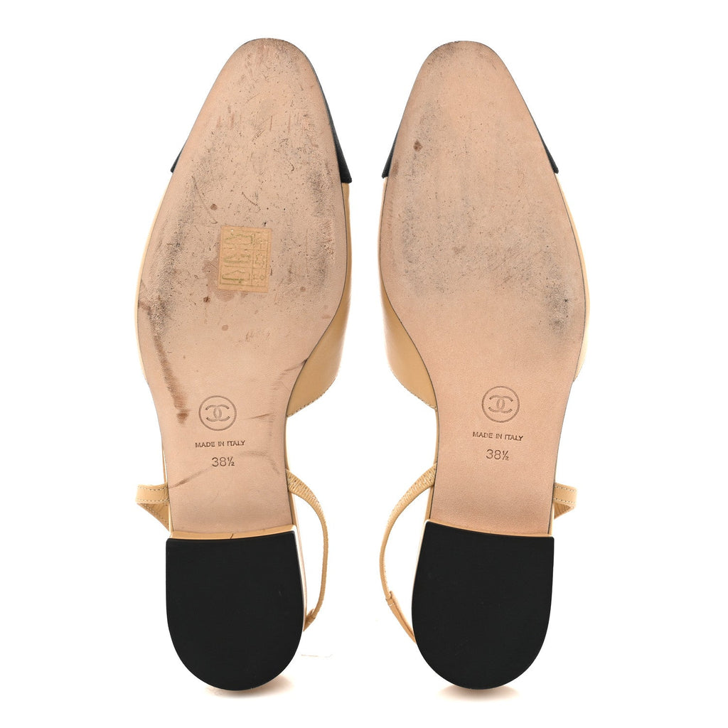 Goatskin Grosgrain Cap Toe CC Slingback Sandals 38.5 Beige Black
