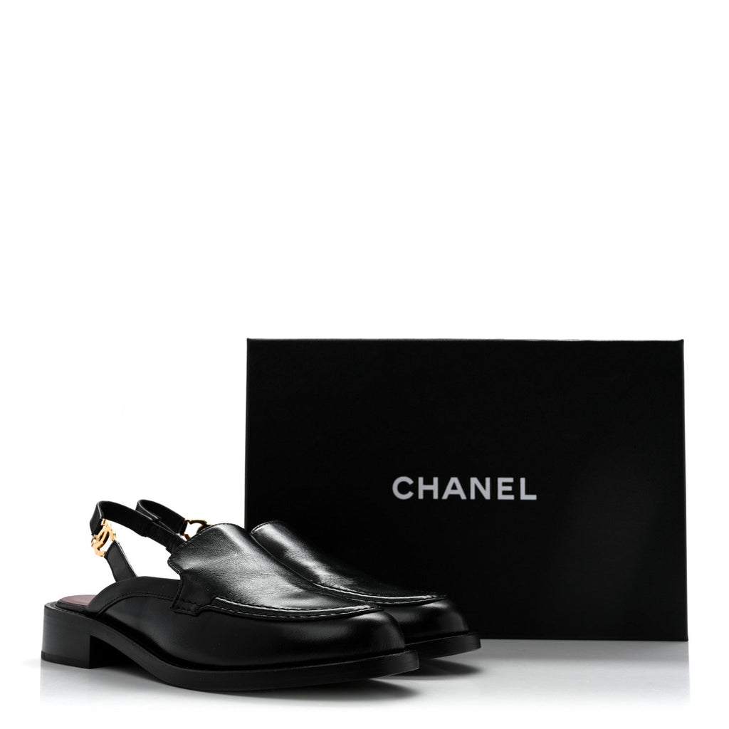 Glazed Calfskin CC Slingback Flats 37 Black