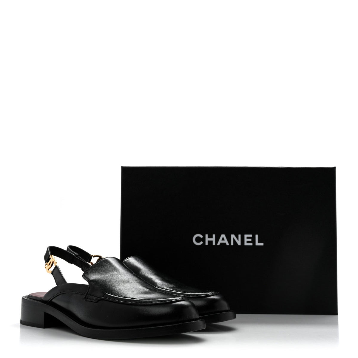 Glazed Calfskin CC Slingback Flats 37 Black