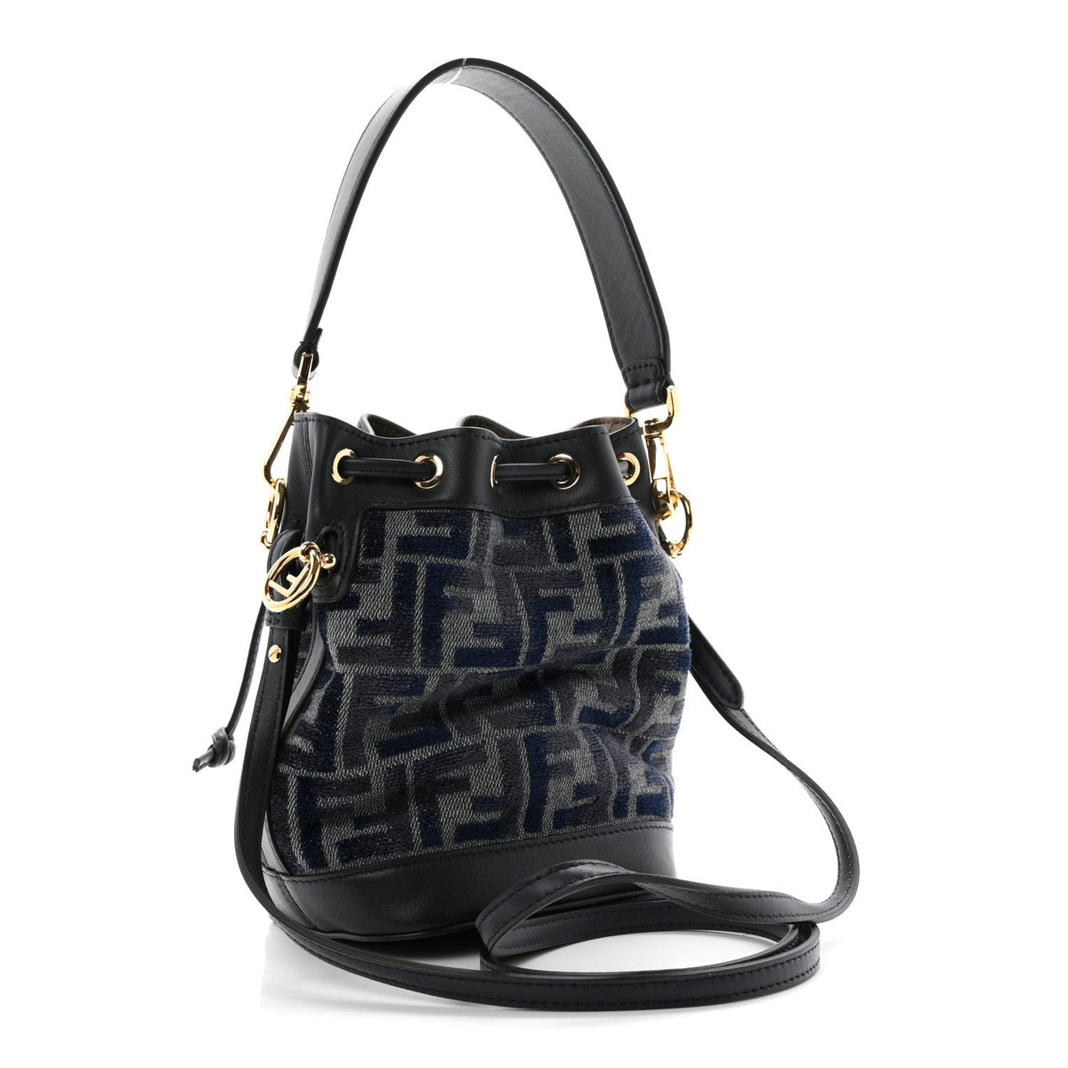 Chenille Vitello Grace FF Mini Mon Tresor Bucket Bag Grigio Blue Notte