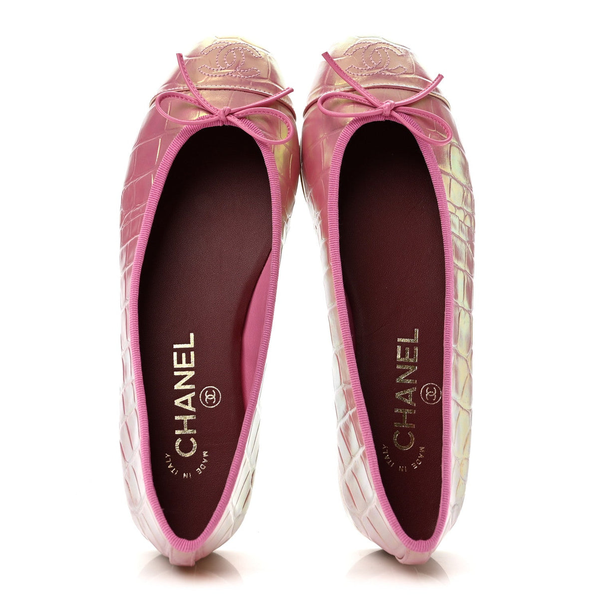 Iridescent Calfskin Crocodile Embossed Ballerina Flats 37 Pink