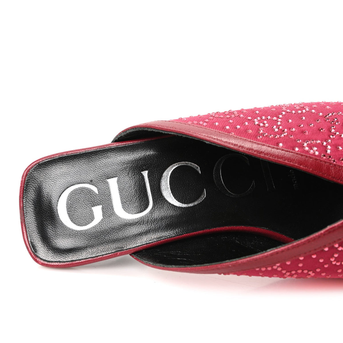 Moire Fabric Malaga Kid Crystal GG Monogram Square G 95mm Slide Sandals 35 Dark Cherry Red